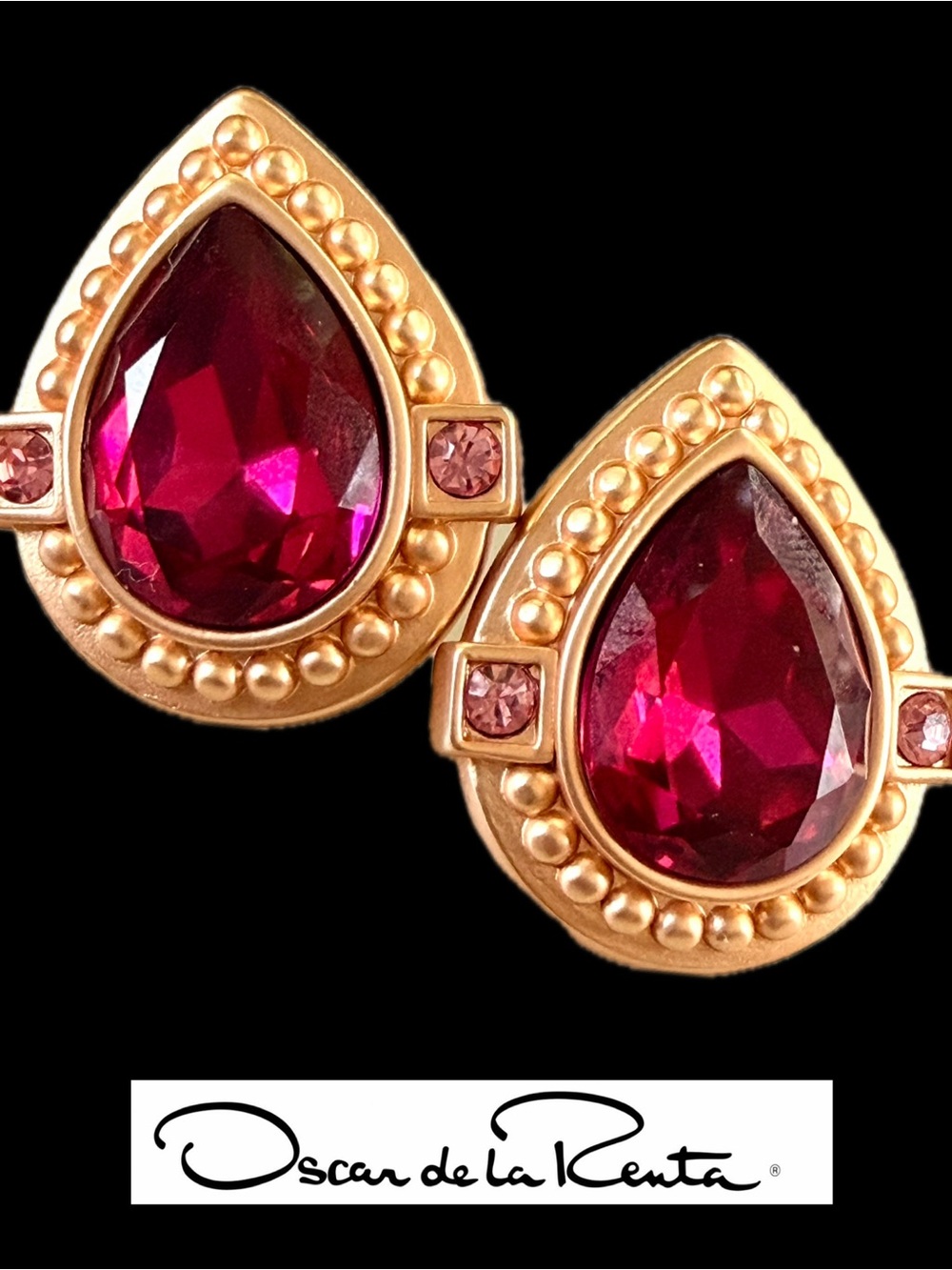 Oscar de la Renta Teardrop Earrings ✨CLIP-ON Magenta Crystal ✨Museum Gold finish